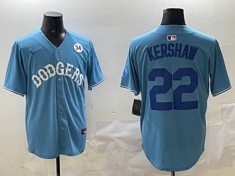 Men Los Angeles Dodgers 22 Kershaw Light Blue Joint Name 2025 Nike MLB Jersey style 19
